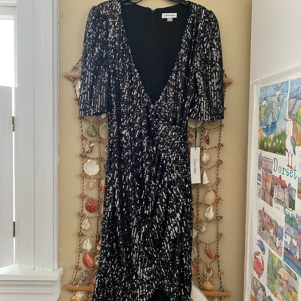 Calvin Klein Black and Silver Sequin Midi Dress -Stunning for the holidays!